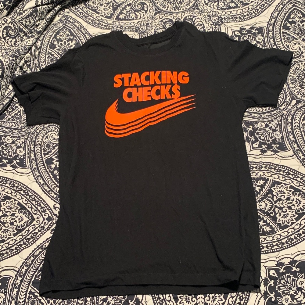 Black T-Shirt with Orange 'Stacking Checks' Graphic